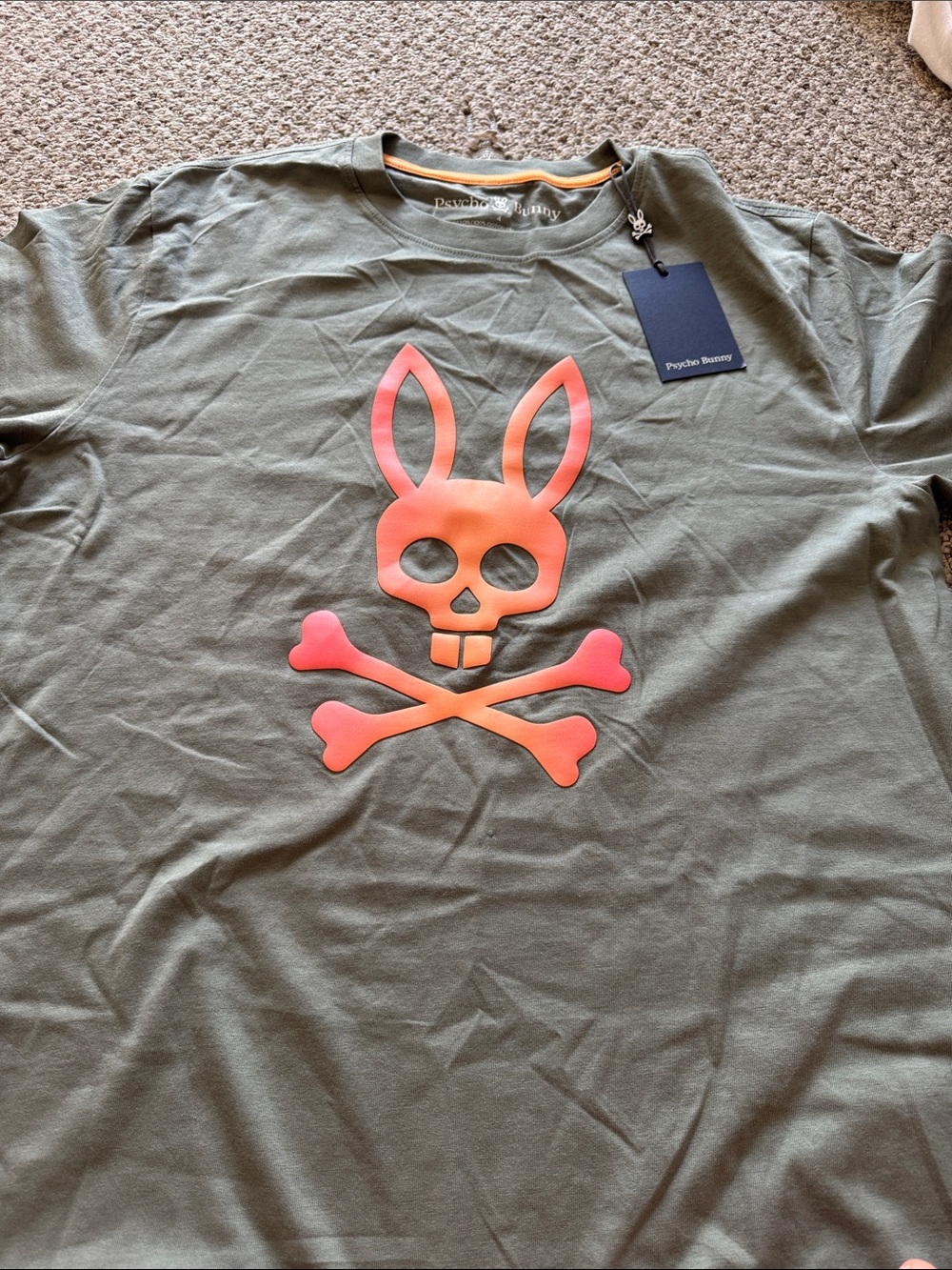 Psycho Bunny Kids Olive Green Short-Sleeve Tee with Coral Bunny Skull